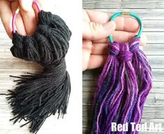 two pictures side by side, one with yarn and the other with tassels