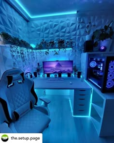 a room with a desk, chair and computer on it in the middle of blue lighting