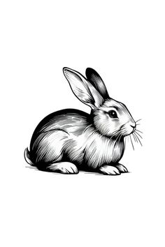 Here is A white rabbit illustration on a black background, depicted in a detailed, sketch-like style. Ephemeral Tattoo, Rabbit Tattoo, Animals And Nature, Rabbit Tattoos, Nature Lovers, Flash Tattoo