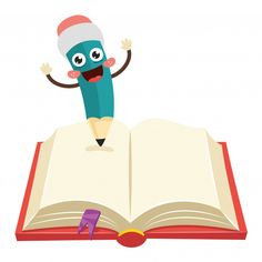 an open book with a cartoon character on top of it and a pencil in the middle