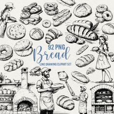 a drawing of bread and pastries on a white background with the words 32 png bread