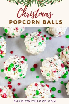 An overhead shot of white popcorn balls coated in red and green M&Ms and candy sprinkles. Microwave Popcorn Balls, Christmas Popcorn Balls, Homemade Popcorn Balls, Popcorn Ball Recipe, Marshmallow Popcorn Balls, Popcorn Ball, Popcorn Balls Recipe, Holiday Popcorn, Easy Popcorn