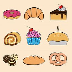 different types of bread and pastries on a beige background, including donuts, croissants, muffins, cupcake