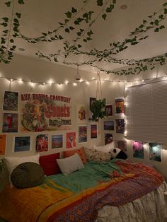 a bedroom decorated with plants and pictures hanging from the ceiling, lights strung over the bed