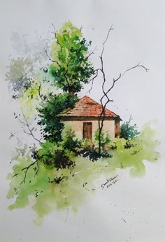 a watercolor painting of a house in the middle of some trees and bushes,