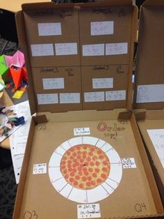 an open pizza box sitting on top of a table filled with lots of writing and papers