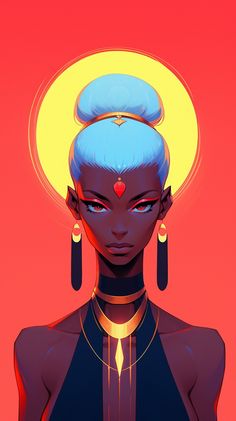 an illustration of a woman with blue hair and piercings on her head, in front of a red background