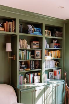 green home library with brass accents Paint Inside Of Bookcase, Benjamin Moore Alligator Alley, Alligator Alley Benjamin Moore, Colorful Built Ins, Green Built Ins, Green Bookshelf, Dining Room Cupboards, Green Bookshelves, Green Library