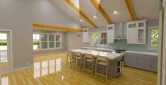 an empty kitchen and dining room with wood floors, white cabinets and wooden beams on the ceiling