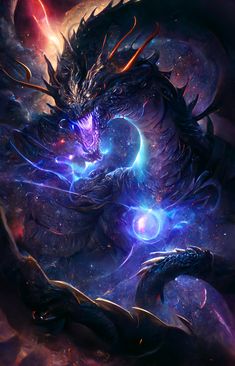 an image of a dragon in space with blue and purple lights on its face, surrounded by stars