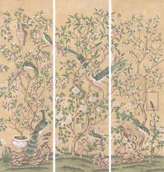 three panels with birds and flowers on them