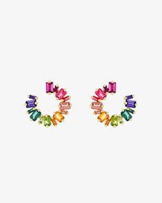 Kalan By Suzanne Kalan Ann Rainbow Midi Sideways Hoops in 14k yellow gold Pink Topaz, Rainbow Earrings, Morganite, Citrine, Semiprecious Stones, Precious Stones, Jewelry Shop, Natural Diamonds, Semi Precious