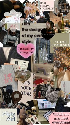 the collage shows many different types of items and words in pink, black, white, and grey