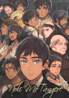 an anime movie poster with many people in the background and one man looking at the camera