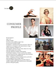 a brochure with pictures of people and wine glasses on it, including the words consumer profile