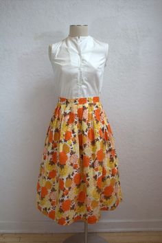 1950's "Montgomery Ward" Deadstock Full Skirt / Orange, Yellow, Brown Floral Print  / Size: 33" Waist by MTvintageclothing on Etsy Brown Floral Print, Black Halter Dress, Brown Floral, Knit Skirt, Orange Yellow