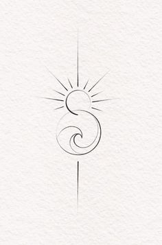 the letter s is drawn in black ink on white paper with a sun behind it