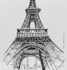 the eiffel tower in black and white is drawn by hand with pencils