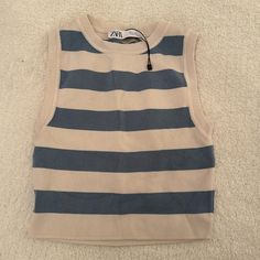 Super Cute Zara Tank, Perfect For Any Occasion And Never Worn. Size Small And Is A Super Comfortable Material!! Casual Zara Cotton Tank Top, Zara Casual Sleeveless Sweater Vest, Trendy Blue Tank Vest, Casual Sleeveless Sweater Vest By Zara, Chic Blue Tank Vest, Light Blue Casual Summer Vest, Striped Cotton Sweater Vest For Summer, Casual Striped Tank Vest, White Zara Tank Top