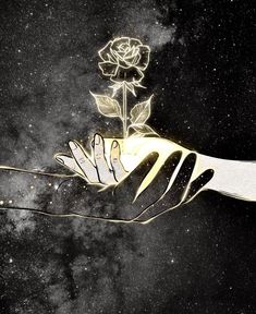 a drawing of a hand holding a rose with space in the background and stars all around