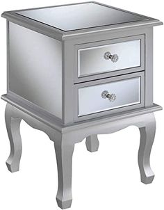 a mirrored nightstand with two drawers on one side and an open drawer on the other