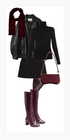 all back outfot for fall or winter with wine red accents Red Boots Outfit, Outfit For Fall, Paris Outfits, All Black Outfit, Red Accents, Inspiration Mode, Winter Fashion Outfits