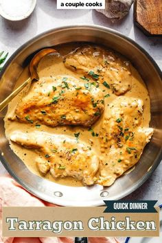 a pan filled with chicken covered in gravy