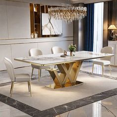 an elegant dining room with marble floors and white chairs, chandelier above the table