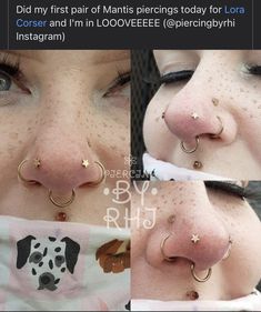 two pictures of a woman with nose piercings on her nose and nose ring attached to her nose