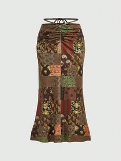 Patchwork Print Drawstring Ruched Skirt Multicolor Boho   Fabric Patchwork Mermaid Medium Stretch  Women Clothing, size features are:Bust: ,Length: ,Sleeve Length: Boho Inspo, High Waist, Boho Fabric, Ruched Skirt, Spring Skirts, Boho Skirts, Mermaid Skirt, Casual Stripes, Paisley Print