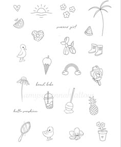 the back side of a card with drawings on it and an image of various items