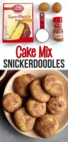 cake mix snickkerdoodleles on a plate with ingredients to make them