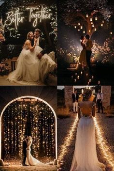 the bride and groom are surrounded by fairy lights