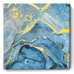 an abstract painting with blue, yellow and white paint on it's canvases