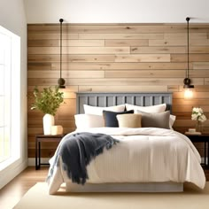 a bedroom with wood paneling and white bedding