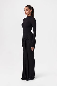 NW Turtleneck Draped Tie Dress Maxi Turtleneck Dress, Black Tie Wedding Guest Dress Long Sleeve, Long Sleeve Birthday Dress, Mock Neck Maxi Dress, Ties That Bind, 24th Birthday, Naked Wardrobe, Church Dresses, Body Sculpting