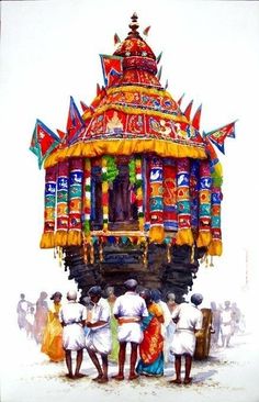 a painting of people standing in front of a colorful structure