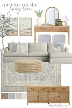 Organic coastal living room decor mood board with blue and tan tones Farmhouse Living Room Blue Sofa, Non Tv Living Room, Neutral Beach Apartment, Coastal Living Rooms Blue Sofa, Light Blue Coastal Living Room, Coastal Design Living Room, Transitional Coastal Living Room, Living Room Designs Blue And Gray, Warm Coastal Living Room