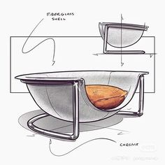 a drawing of a chair with a bowl on the back and an object in the middle