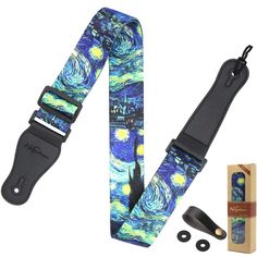 the starry night guitar strap has been designed to look like it is being worn by someone