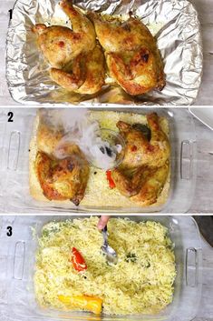 three pictures showing how to cook chicken and rice