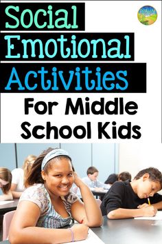 the cover of social emotional activities for middle school kids, with two children sitting at desks