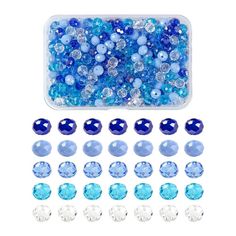 blue and white beads are in a plastic container