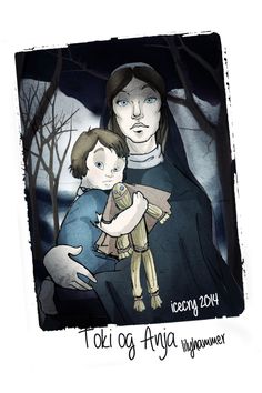 a drawing of a woman holding a child in her arms with the words toki og anja on it