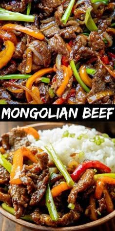 beef and vegetable stir fry in a bowl with rice on the side, and an image of