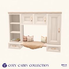 the cozy cabin collection is made up of white cupboards and shelves with pillows on them