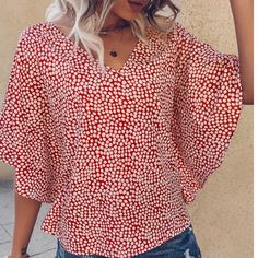 New Shein Red Polka Dot Blouse With Angel Sleeve Never Used. Pristine Condition. Light Weight. Medium On The Smaller Side. Fitted Bodice. Casual Red Printed Blouse, Trendy Red Printed Top, Trendy Printed Red Tops, Chic Red Printed Tops, Red Printed V-neck Blouse, Red Printed Tops For Day Out, Chic Red Printed Blouse, Red Trendy Blouse For Vacation, Trendy Red Blouse For Vacation