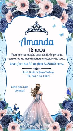 a princess birthday party flyer with flowers and butterflies on the front, in blue tones