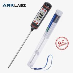 an electronic thermometer is shown with a blue cord