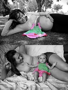 a woman laying on top of a bed next to a baby in a diaper